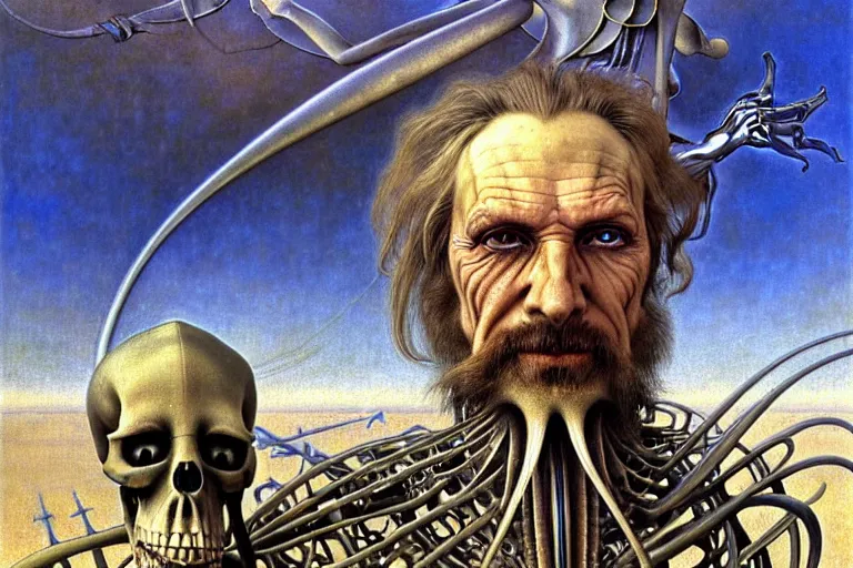 Image similar to realistic extremely detailed portrait closeup painting of an old man with a skeleton, futuristic sci-fi landscape on background by Jean Delville, Amano, Yves Tanguy, Alphonse Mucha, Ernst Haeckel, Edward Robert Hughes, Roger Dean, rich moody colours, silver hair and beard, blue eyes