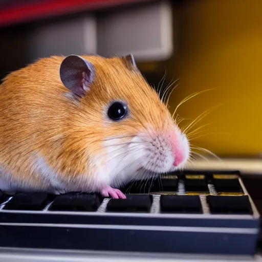 Prompt: photo of a hamster, on a cash register in a cinema, various poses, unedited, soft light, sharp focus, 8 k