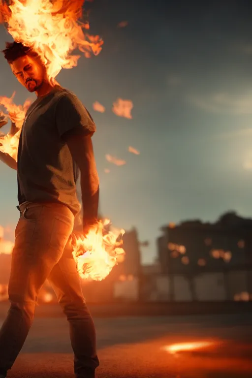 Prompt: a man so hot he is starting to catch on fire, 4 k, cinematic lighting, real shadows, high details, unreal render, summer evening
