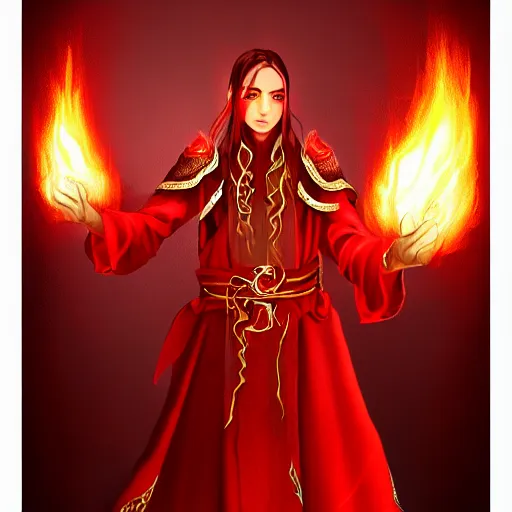 Image similar to Portrait of scarred elven fire mage in red and gold robe with flaming hands. In style of Hyung-tae Kim, concept art, trending on ArtStation, Korean MMORPG.