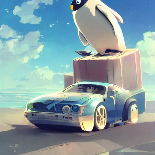 Image similar to car, robot, penguin, ocean, blue sky, illustration concept art anime key visual trending pixiv fanbox by wlop and greg rutkowski and makoto shinkai, studio ghibli 3 d render