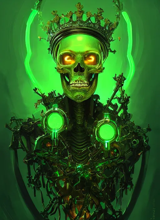 Prompt: portrait of a cyber skeleton, holding a glowing green crown of phantasmal swords, intricate, glowing lights, highly detailed, digital painting, artstation, concept art, smooth, sharp focus, illustration, art by wlop, mars ravelo and greg rutkowski