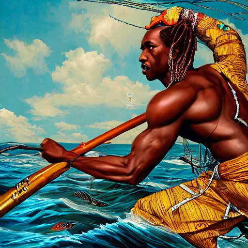 Prompt: Jamaican fisherman wearing calico cloth and posing in a battle stance in the Jamaican sea, style by Ross Tran and Artgerm and Peter Mohrbacher