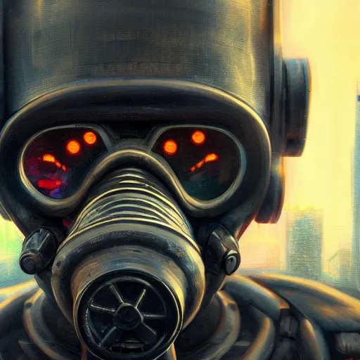 Prompt: Close up of a guy in a Gasmask, Cyberpunk city, street vendors, citizens, augmented cyborgs, robots, skyscapers, buildings, clouds, sunset, painted by seb mckinnon, high detail, digital art, trending on artstation