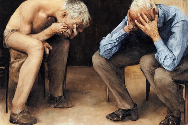 Image similar to a portrait of the three richest men in the world, crying. by anne leibovitz