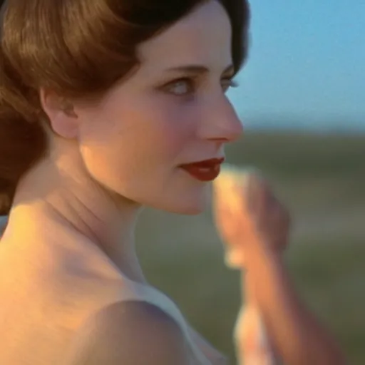 Prompt: natural 8 k shot from a 2 0 0 5 romantic comedy by sam mendes of hedy lemarr with natural face, natural skin, beauty spots and very small lips. she stands and looks on the horizon with winds moving her hair. fuzzy blue sky in the background. small details, natural lighting, 2 4 mm lenses, sharp focus