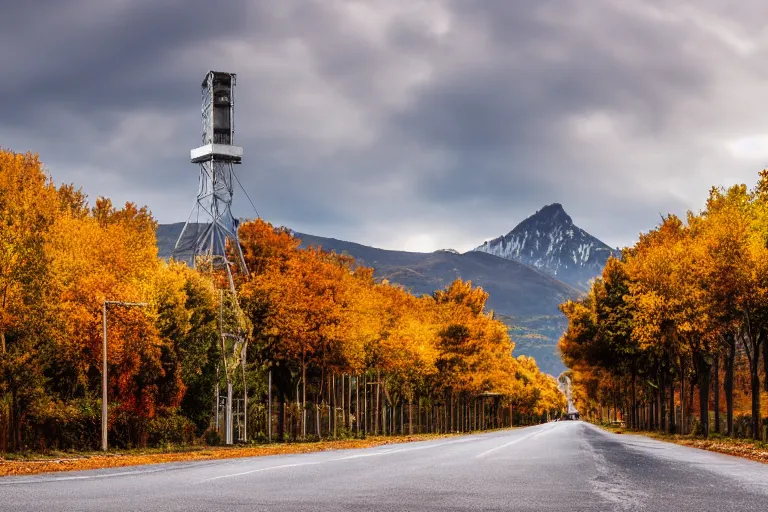 Prompt: warehouses lining a street, with an autumn mountain directly behind it. radio tower on the mountain, lens compression. photography