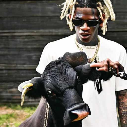 Prompt: young thug with a cow