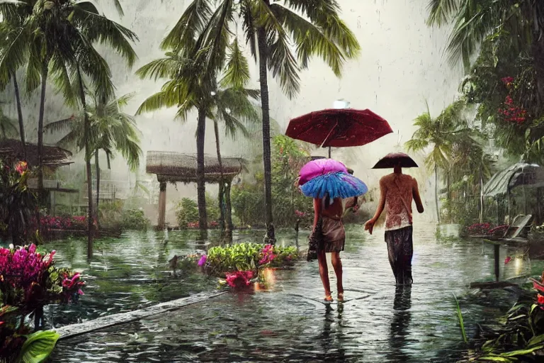 Prompt: ultra realistic illustration, photo, monsoon on tropical island, ornate, beautiful, atmosphere, vibe, mist, coconuts, rain, wet, pristine, puddles, melting, dripping, creek, bridge, forest, roses, flowers, by stanley artgerm lau, thomas kindkade, art gta 5 cover