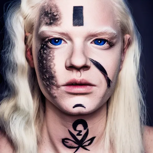 Prompt: portrait of an albino in front of a white background, blonde hair and eyebrows, face tattoo, cinematic lightin