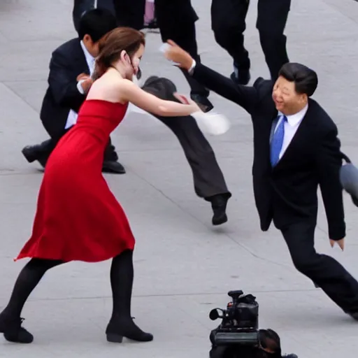 Image similar to emma watson dropkicks xi jinping, journalistic footage, 4 k