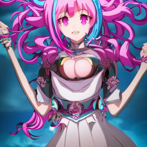 Image similar to stunningly beautiful omnipotent megalomaniacal anime goddess with porcelain skin, pink twintail hair and mesmerizing cyan eyes, symmetrical perfect face smiling in a twisted, mischievous, devious and haughty way while looking down upon the viewer, mid view, hyperdetailed, 2 d, 8 k