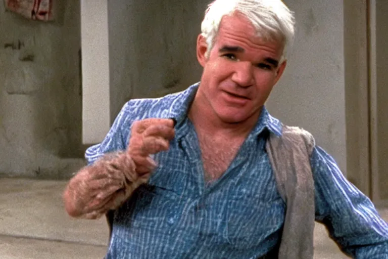 Image similar to steve martin in the jerk, ragged clothes, desheveled, cinematic still,