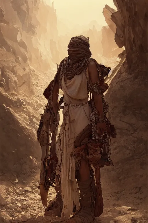 Prompt: a full body portrait of a beautiful post apocalyptic offworld desert bedouin blind retrofuturistic barbarian leper begging by the roadside, intricate, elegant, highly detailed, digital painting, artstation, concept art, smooth, sharp focus, illustration, art by krenz cushart and artem demura and alphonse mucha