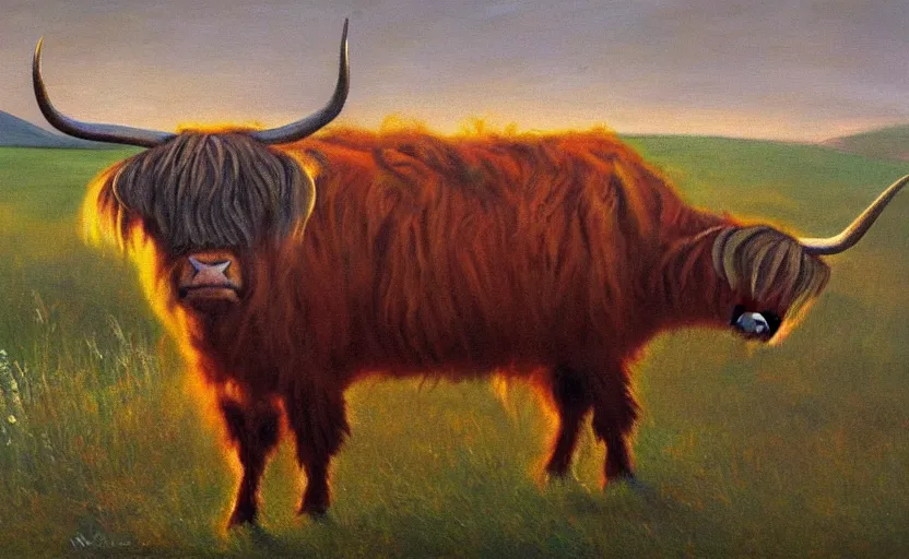 Prompt: oil painting by marcel duchamp of a highland cow in a meadow at dawn.