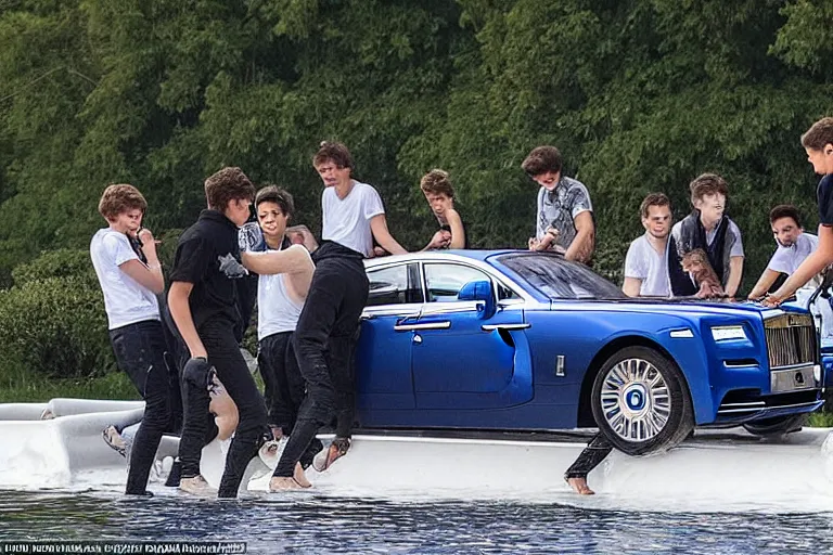 Image similar to A group of teenagers are behind a Rolls-Royce holding him by the boot and pushing him into a white lake from a small slide