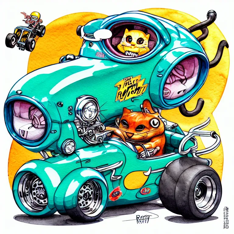 Prompt: cute and funny, jaguar wearing a helmet riding in a hot rod with oversized engine, ratfink style by ed roth, centered award winning watercolor pen illustration, isometric illustration by chihiro iwasaki, edited by range murata, tiny details by artgerm and watercolor girl, symmetrically isometrically centered, sharply focused