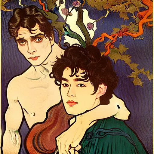 Image similar to painting of young cute handsome beautiful dark medium wavy hair man in his 2 0 s named shadow taehyung and cute handsome beautiful min - jun together at the halloween witchcraft party with bubbling cauldron, melancholy, autumn colors, elegant, ritual, painting, stylized, soft facial features, delicate facial features, art by alphonse mucha, vincent van gogh, egon schiele