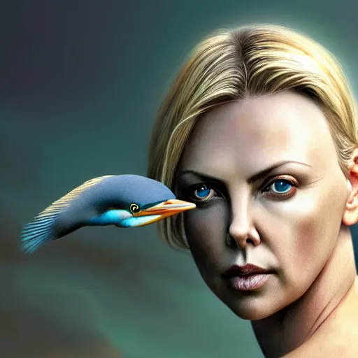 Image similar to nature photography of cherlize theron face fused with a heron fish ( ( charlize theron fish hybrid with charlize theron face ) ), charlize theron sentient fish face, by greg rutkowski