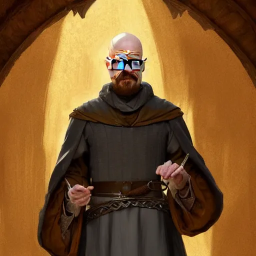 Prompt: Walter White dressed in medieval fashion, D&D, fantasy, intricate, elegant, highly detailed, digital painting, artstation, concept art, matte, sharp focus, illustration, art by Artgerm and Greg Rutkowski and Alphonse Mucha