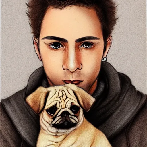 Image similar to self portrait, young white hispanic handsome man with short light brown hair and light skin holding a pug for a picture, pencil art, added detail, high definiton, colored, backfacing, by yoji shinkawa