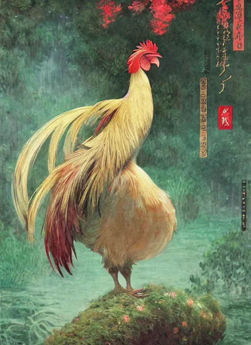 Image similar to a gorgeous paradise rooster japanese art is looking at a bird, ethereal, horror, fantasy art by greg rutkowski and magali villeneuve and claude monet