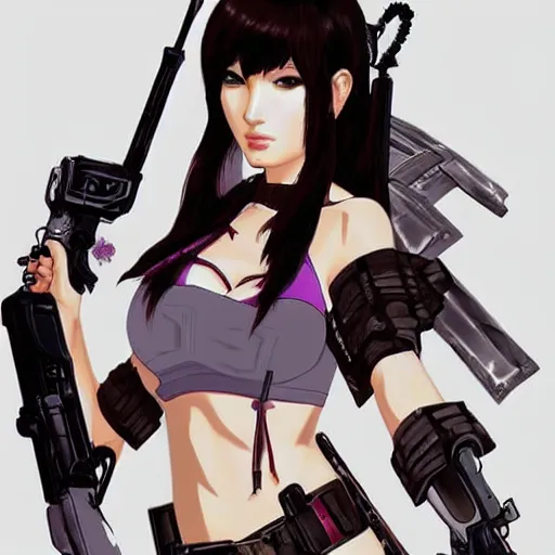 Image similar to concept art illustration of a beautiful young japanese christina hendricks natalie portman as lara croft motoko kusanagi anime protagonist, wearing tokyo harajuku street fashion combat warrior fantasy bikini, intricate, elegant, gorgeous, stunning, alluring, art by hyng tae kim, art style of blade and soul
