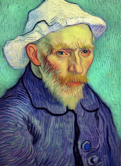 Image similar to portrait of a very old sailor with white hair and hat, asleep, detailed realism face in painting, detailed beautiful portrait, expressionist oil painting masterpiece, 8 k resolution, smooth, sharp focus, pastel color palette, trending on artstation, by van gogh