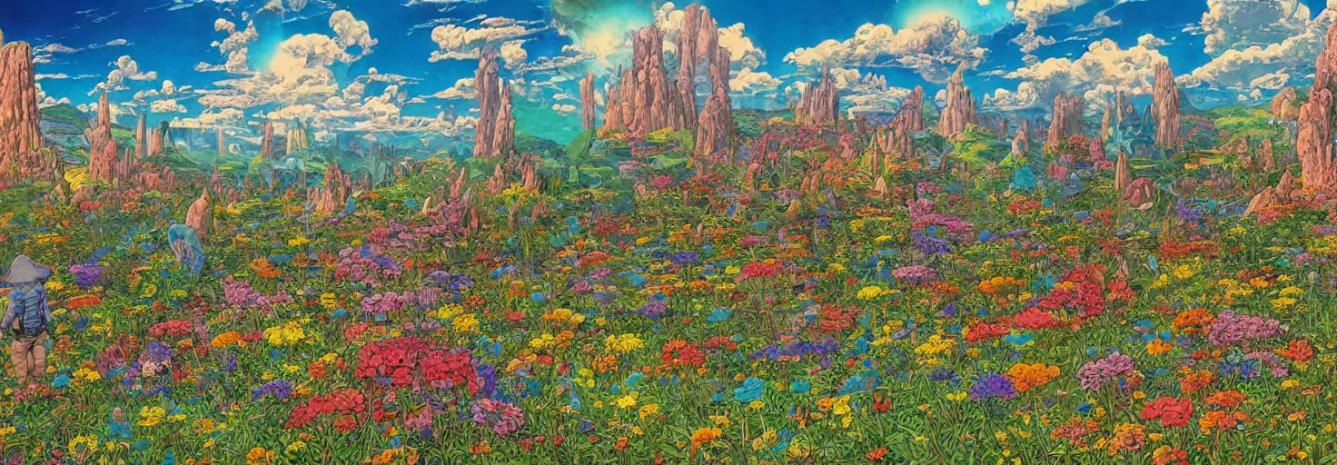 Image similar to beautiful landscape mural of the lush meadow of monoliths, vivid colors, intricate, highly detailed, masterful, fantasy world, sci fi world, in the style of moebius, akira toriyama, jean giraud