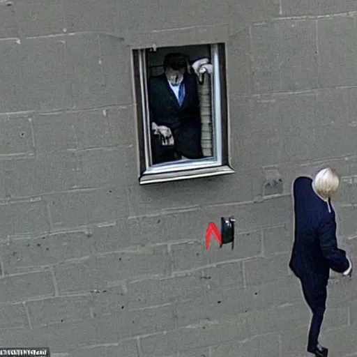 Image similar to Birds eye view security camera footage of Boris johnson breaking out of Prison