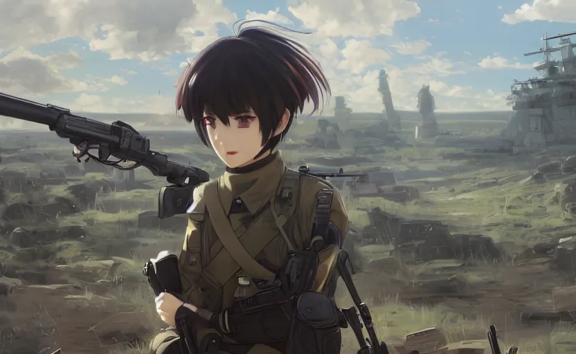 Image similar to panoramic view, girl, soldier clothing, battlefield in background, anime style, short hair, hair down, googles, symmetrical facial features, from arknights, hyper realistic, 4 k, extreme detail, detailed drawing, trending artstation, safebooru, realistic lighting, by alphonse mucha, greg rutkowski, anime eyes, sharp focus