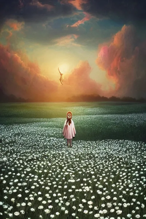 Prompt: veil of giant white daisy flower as head, girl standing in a flower field, surreal photography, sunrise, dramatic light, impressionist painting, colorful clouds, digital painting, artstation, simon stalenhag