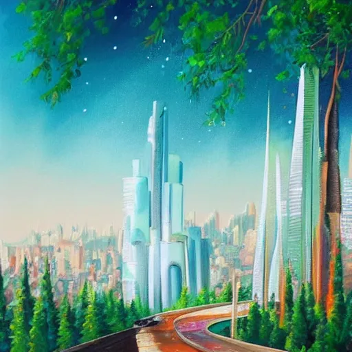 Image similar to Beautiful city of the future in harmony with nature. Nice colour scheme, soft warm colour. Beautiful painting by Lurid. (2022)