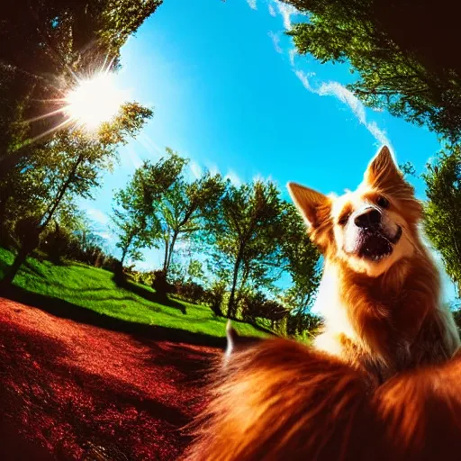 Image similar to Selfie of a dog sitting in a beautifully vivid park, while the sun shines brightly on the fur of the dog, subsurface scattering, first-person view, fisheye!!!!!! lens, photorealistic imagery, trending on artstation, 4k, 8k