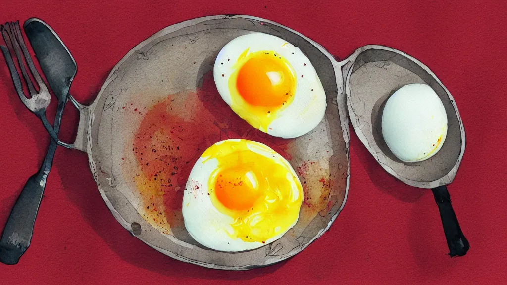 Prompt: fried egg, soft yolk, frying pan, kseniia yeromenko, rob duenas, watercolor, illustration, red background, highly detailed