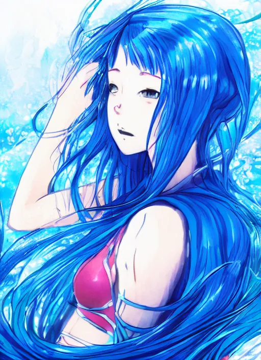 Image similar to a woman with blue hair sitting underwater, a beautiful anime drawing by yuumei, featured on pixiv, rayonism, pixiv, seapunk, very anime anime!! detailed