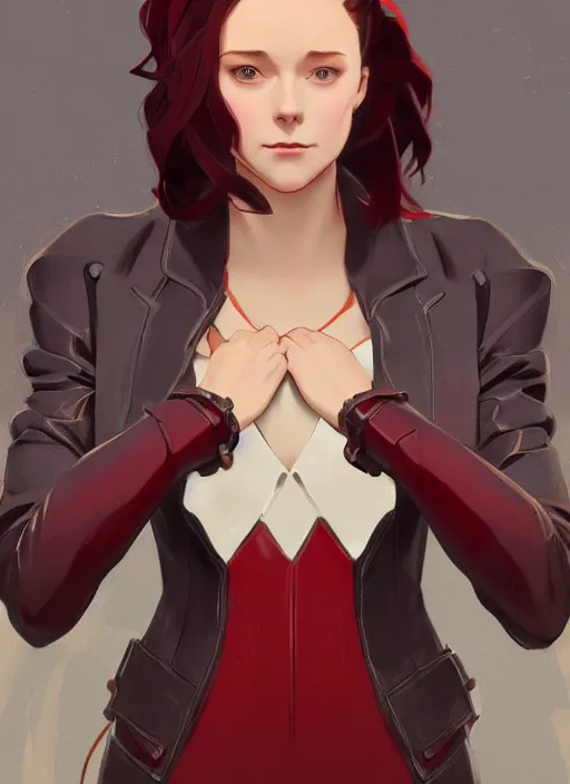 Image similar to concept art of a pretty young woman with shoulder length shiny shimmering dark red hair and wearing leather suit, concept art, t - pose, full body, path traced, highly detailed, high quality, digital painting, by studio ghibli and alphonse mucha, leesha hannigan, makoto shinkai, disney