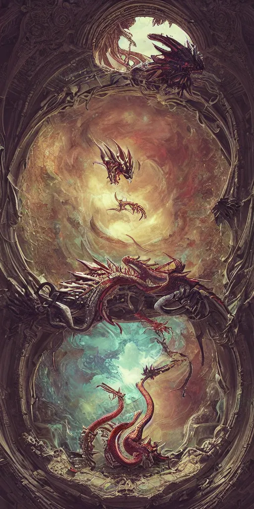 Prompt: epic fight of colorful Ouroboros and water dragon floating around inside an ancient mage castle hall colossal scale, gothic and baroque, brutalist architecture, ultradetailed, intricate details by Ellen Jewett and Ayami Kojima