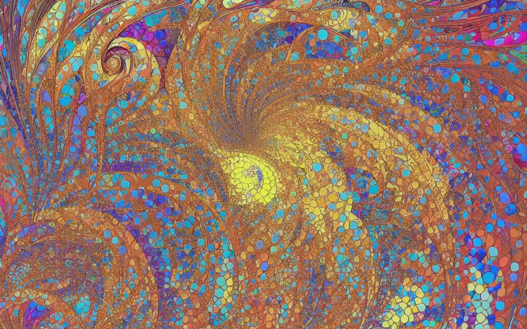 Prompt: gay. wave, particle, synth, frequencies, pattern, oscillation. wave-particle duality. colorful, vibrant. fractal gems, fractal crystals, by alphonse mucha, by jean giraud and by james jean