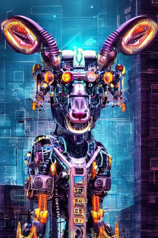 Image similar to giant imposing complex machine with evil cybernetic goat head at helm, multicolored, cyberpunk