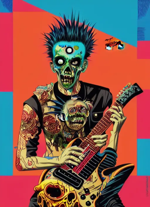 Image similar to a zombie punk rocker with a mohawk playing electric guitar, tristan eaton, victo ngai, artgerm, rhads, ross draws, rule of thirds by francis tneh