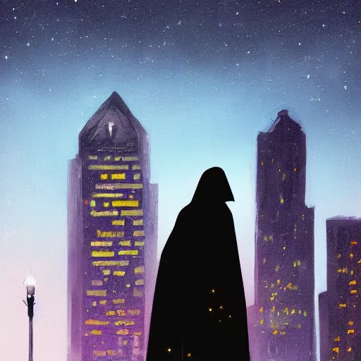 Prompt: dark cloaked figure, perched on a skyscraper, close full figure, night, starry sky in the background, procreate, artstation hq, realistic painting, gritty, dark colors