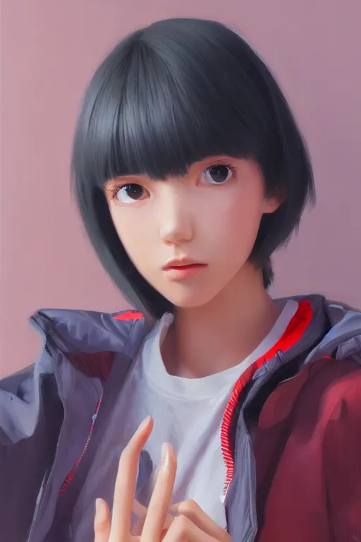 Image similar to A ultradetailed beautiful panting of a stylish girl doing the peace sign, she is wearing an oversized Nike jacket, Oil painting, by Ilya Kuvshinov, Greg Rutkowski and Makoto Shinkai