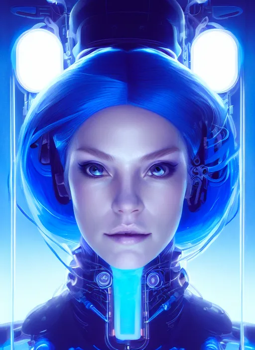 Image similar to symmetry!! portrait of woman with long flaming blue hair, sci - fi, tech wear, glowing lights!! intricate, elegant, highly detailed, digital painting, artstation, concept art, smooth, sharp focus, illustration, art by artgerm and greg rutkowski and alphonse mucha, 8 k