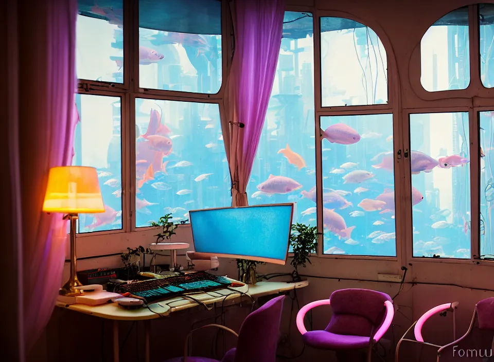 Image similar to telephoto 7 0 mm f / 2. 8 iso 2 0 0 photograph depicting the feeling of chrysalism in a cosy cluttered french sci - fi ( art nouveau ) cyberpunk apartment in a pastel dreamstate art cinema style. ( aquarium, computer screens, window ( city ), leds, lamp, desk ( ( ( armchair ) ) ) ), ambient light.