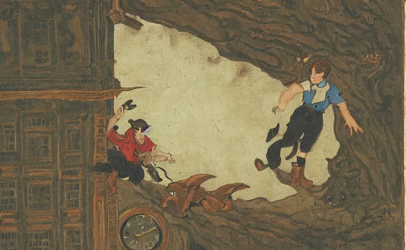 Image similar to a boy fighting a wolf on the edge of a clocktower, by moebious gouache, print