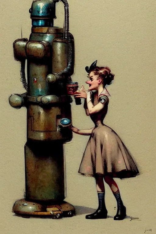 Prompt: ( ( ( ( ( 1 9 5 0 s retro future robot android west world bar maid. muted colors. ) ) ) ) ) by jean - baptiste monge!!!!!!!!!!!!!!!!!!!!!!!!!!!!!!