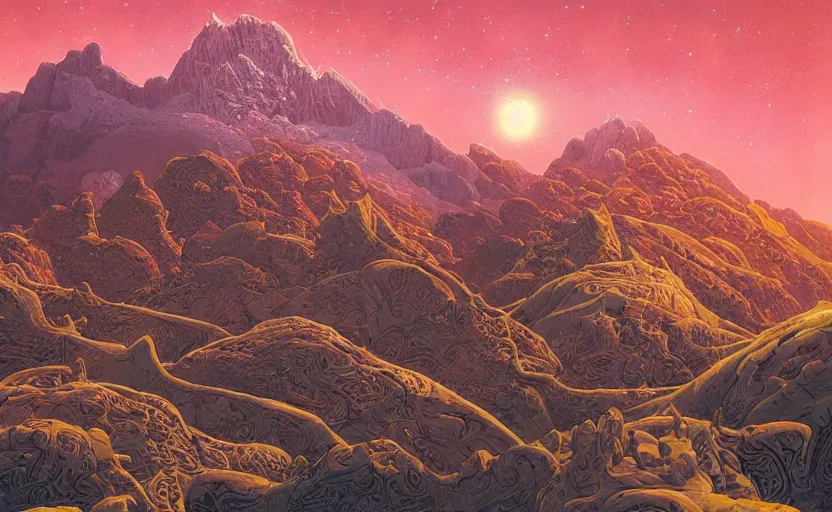 Prompt: mountains, stars and paisley filled sky, artstation, intricate, highly detailed, digital painting, concept art, sharp focus, illustration by Michael Whelan and Roger Dean