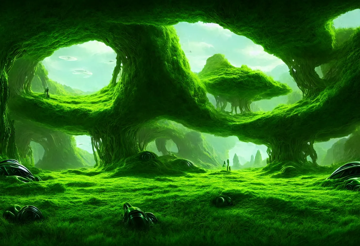 Prompt: inside of alien lush summer green landscape of human mind and imagination, matte painting, beautiful render, octane render, concept art