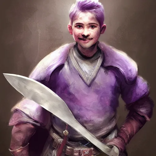 Image similar to duergar male child character portrait with pale purple skin, by Ruan Jia, shabby clothes, leather pouch, wielding kitchen knife, smiling, youthful, dungeons and dragons, digital art